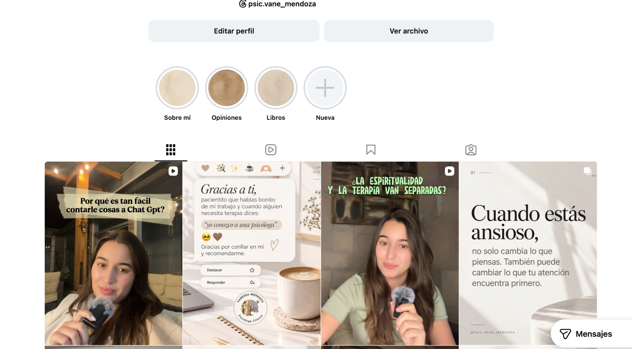 Vista previa de cuatro publicaciones de Instagram de Vanessa Mendoza sobre ChatGPT, agradecimiento, espiritualidad y ansiedad