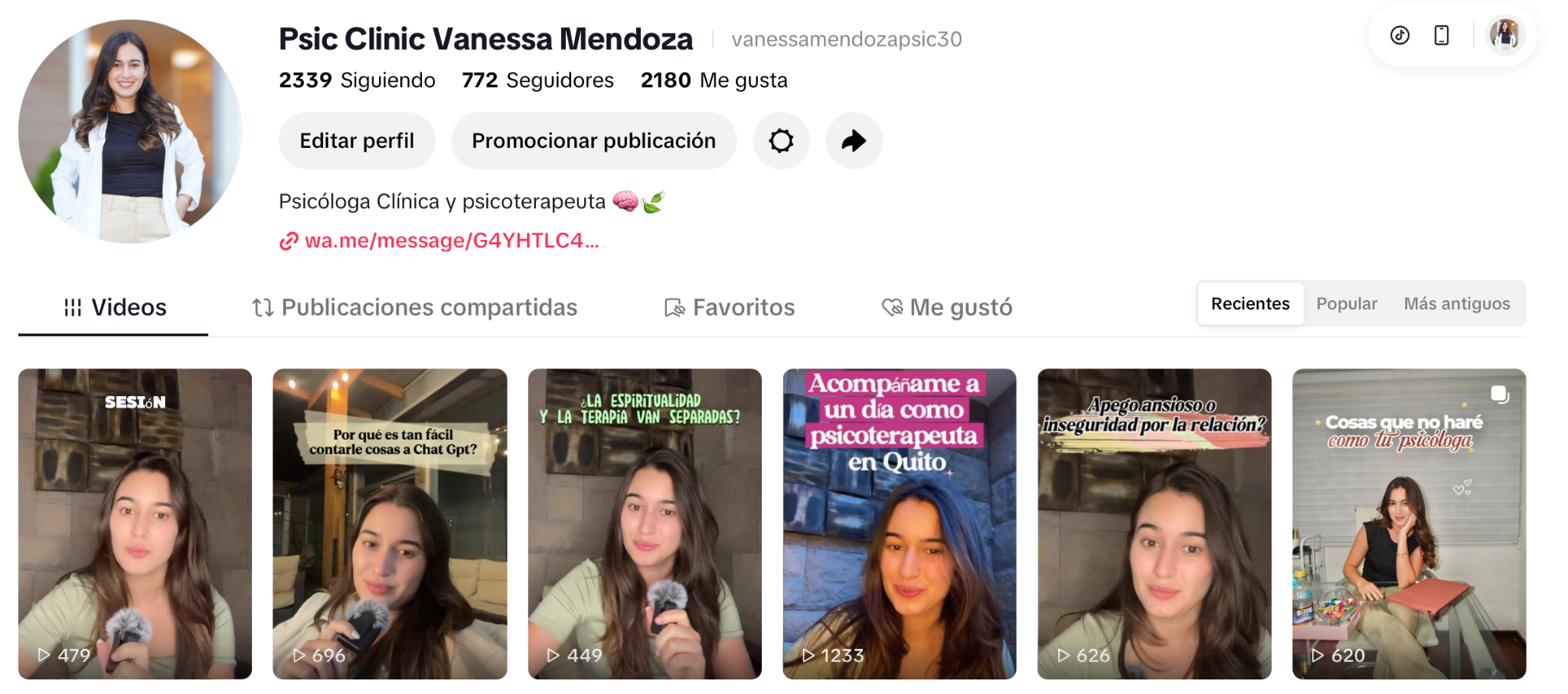 Vista previa de seis videos de Vanessa Mendoza en TikTok sobre psicoterapia y salud mental